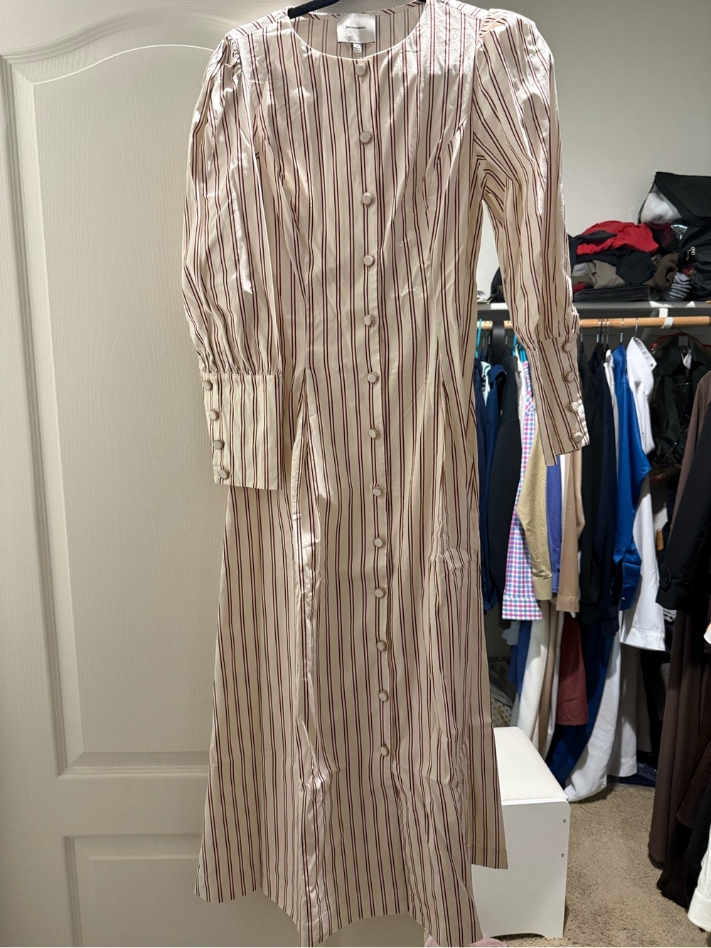 Reformation Beige and White Striped Midi Shirt Dress - Picture 3 of 10